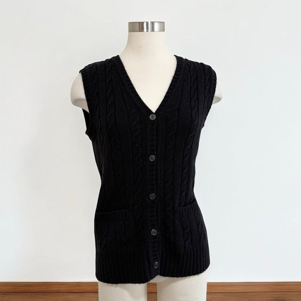 Evian Black Sweater Vest Button Down Medium Sleeveless Cardigan